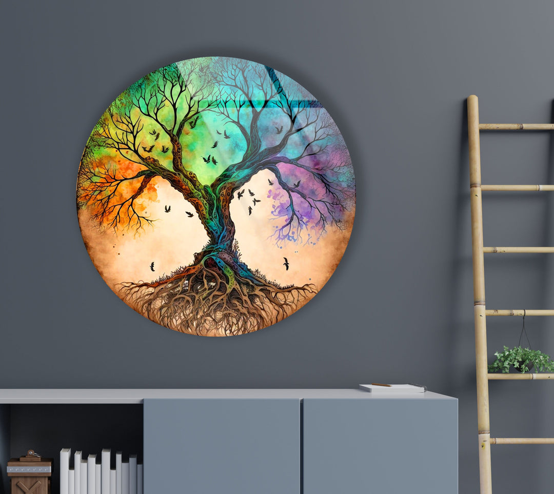 Colorful Life Of Tree Round Glass Wall Art glass pictures for Wall, glass prints wall art
