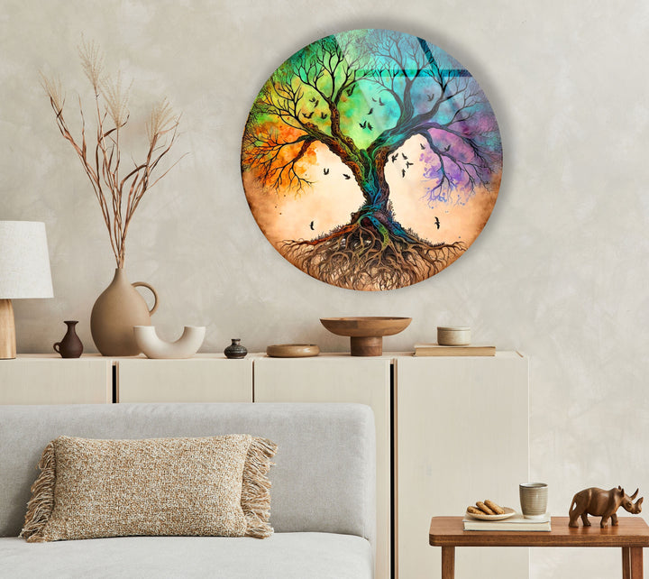 Colorful Life Of Tree Round Glass Wall Art large glass photo prints, glass wall photos
