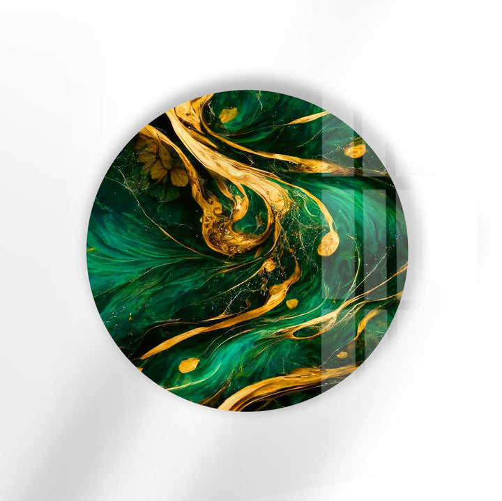 Green & Gold Abstract Round Glass Wall Art stained glass wall art, stained glass wall decor
