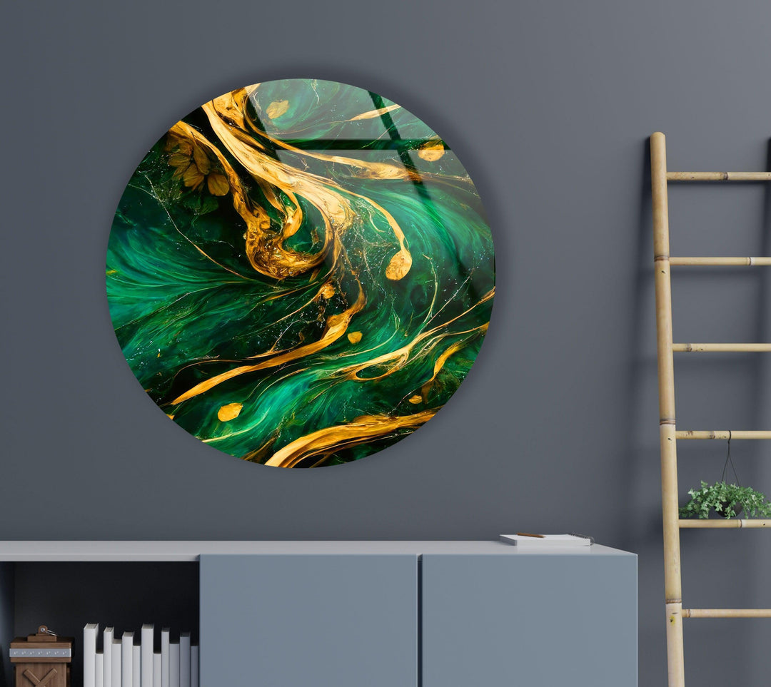 Green & Gold Abstract Round Glass Wall Art glass pictures for Wall, glass prints wall art
