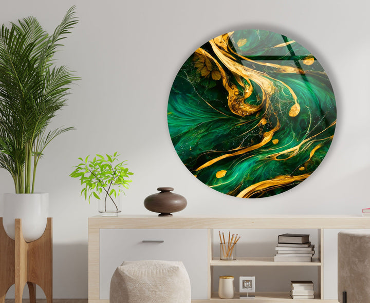 Green & Gold Abstract Round Glass Wall Art custom glass pictures, glass art prints
