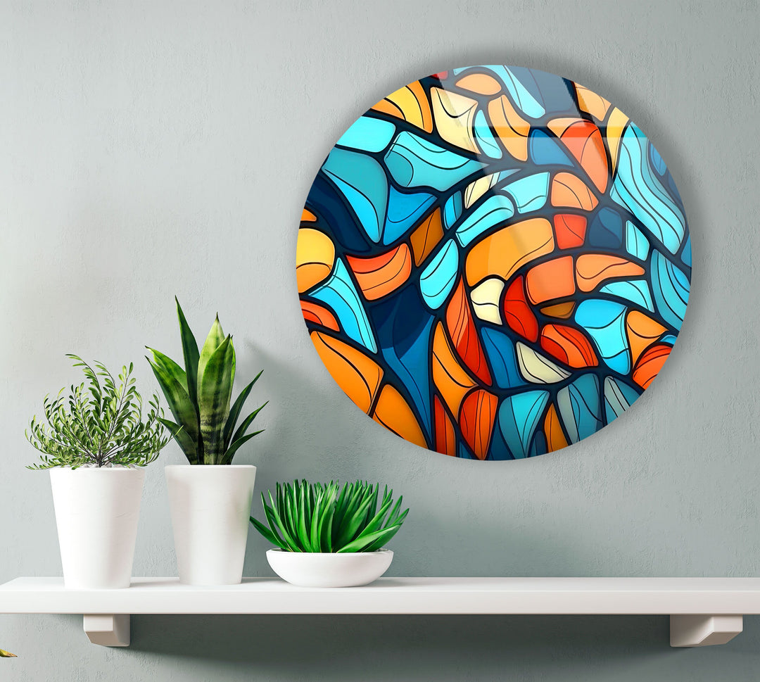 Blue & Orange Mosaic Round Glass Wall Art picture on glass wall art, photos printed on glass
