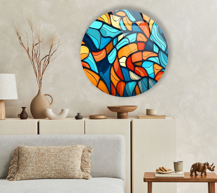 Blue & Orange Mosaic Round Glass Wall Art custom glass photo prints, large glass prints
