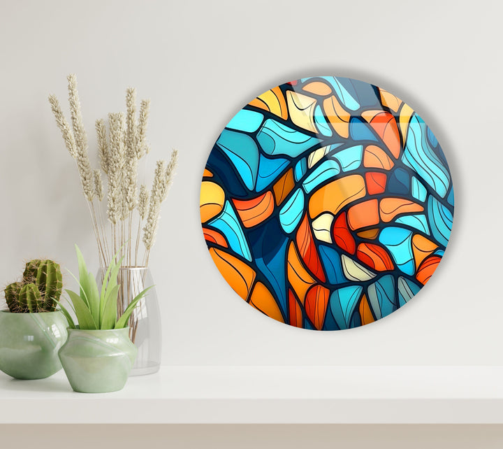 Blue & Orange Mosaic Round Glass Wall Art photo print on glass, prints on glass wall art
