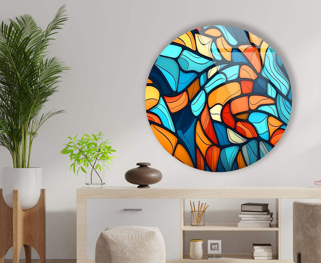 Blue & Orange Mosaic Round Glass Wall Art glass pictures for Wall, glass prints wall art
