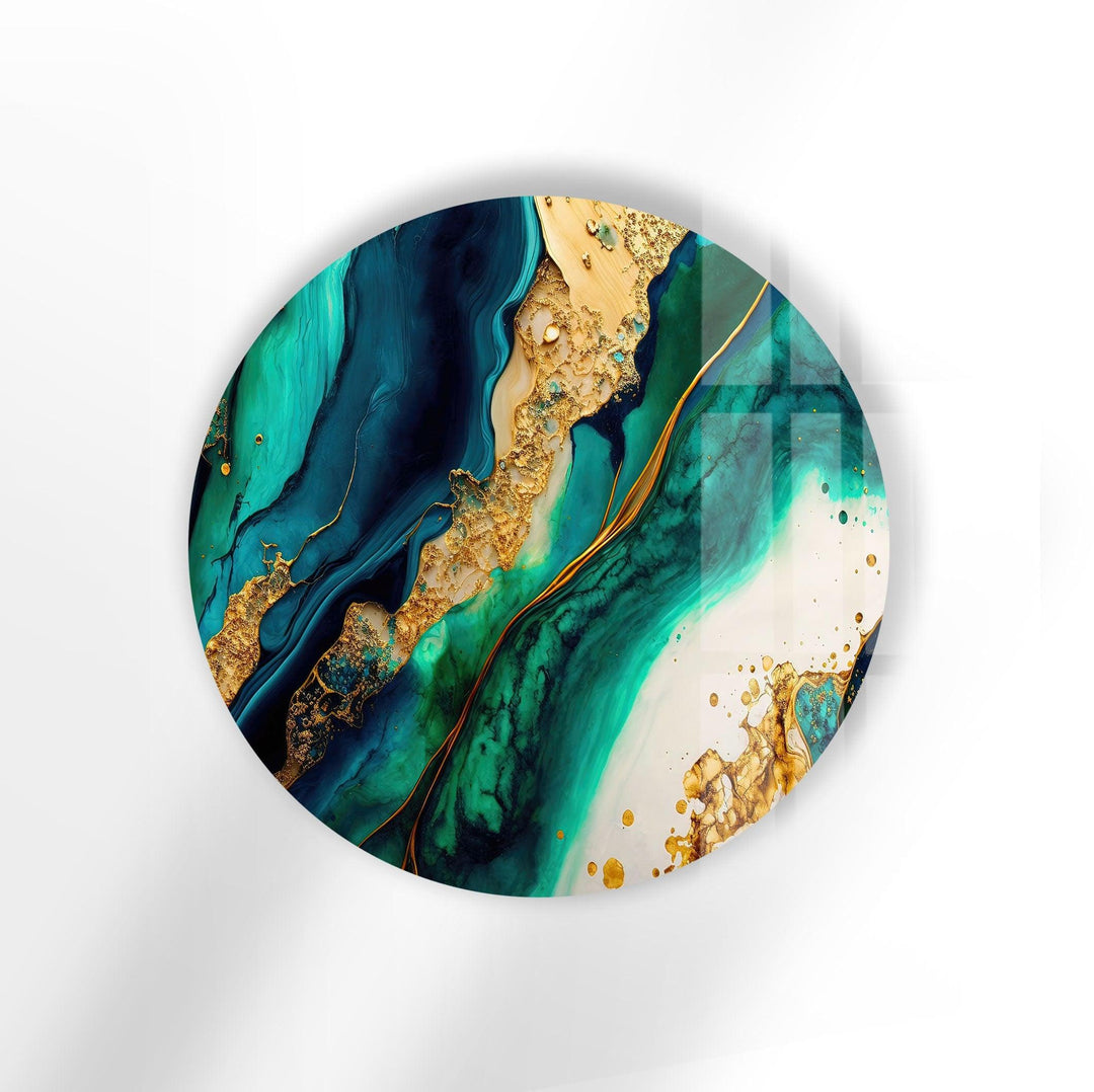 Green & Gold Marble Round Glass Wall Art glass pictures for Wall, glass prints wall art
