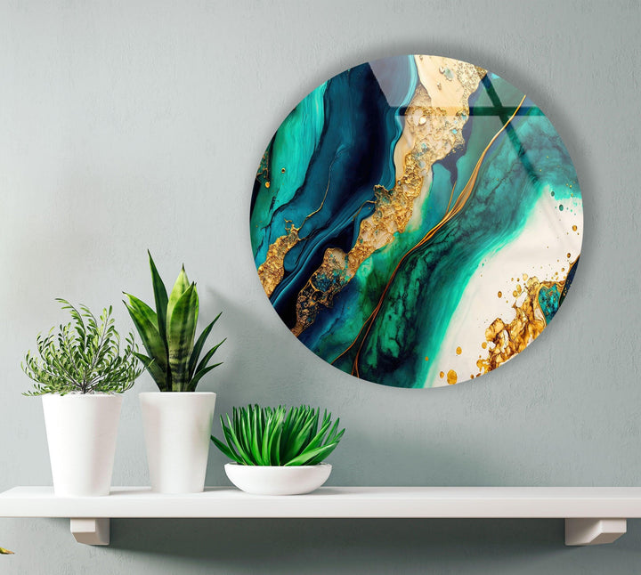 Green & Gold Marble Round Glass Wall Art custom glass pictures, glass art prints
