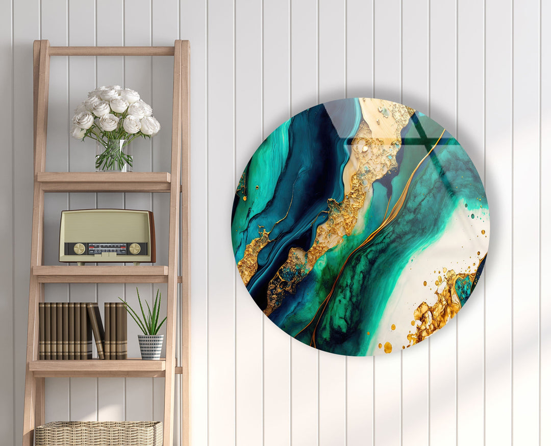 Green & Gold Marble Round Glass Wall Art photo print on glass, prints on glass wall art
