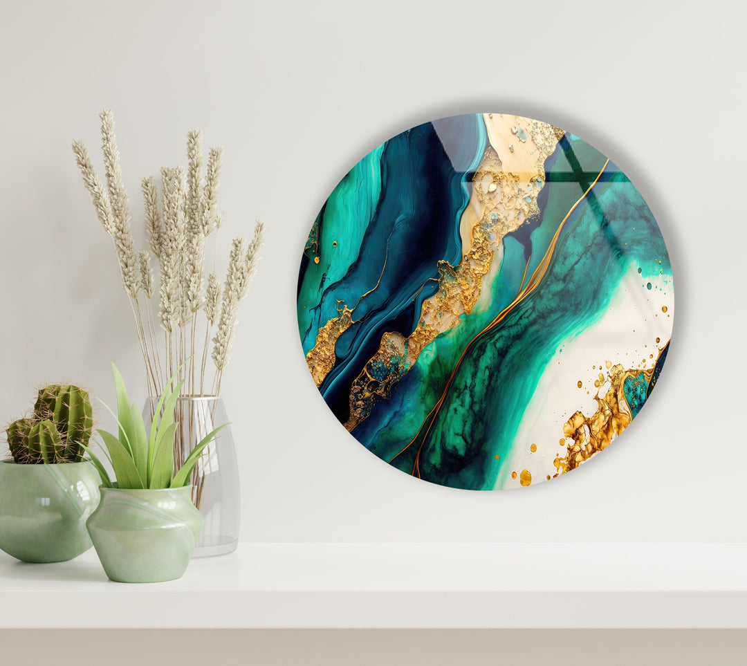 Green & Gold Marble Round Glass Wall Art custom glass photo prints, large glass prints
