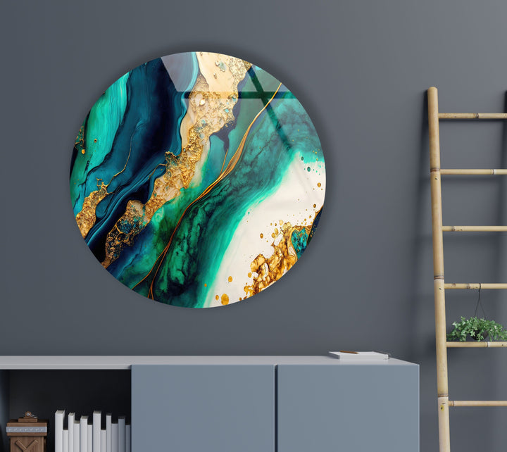 Green & Gold Marble Round Glass Wall Art picture on glass wall art, photos printed on glass
