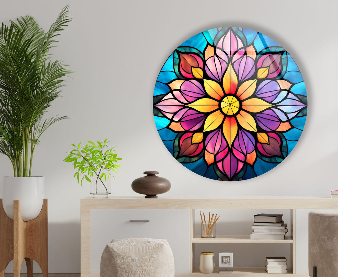 Stained Yellow & Purple Round Glass Wall Art glass image printing, glass prints from photos
