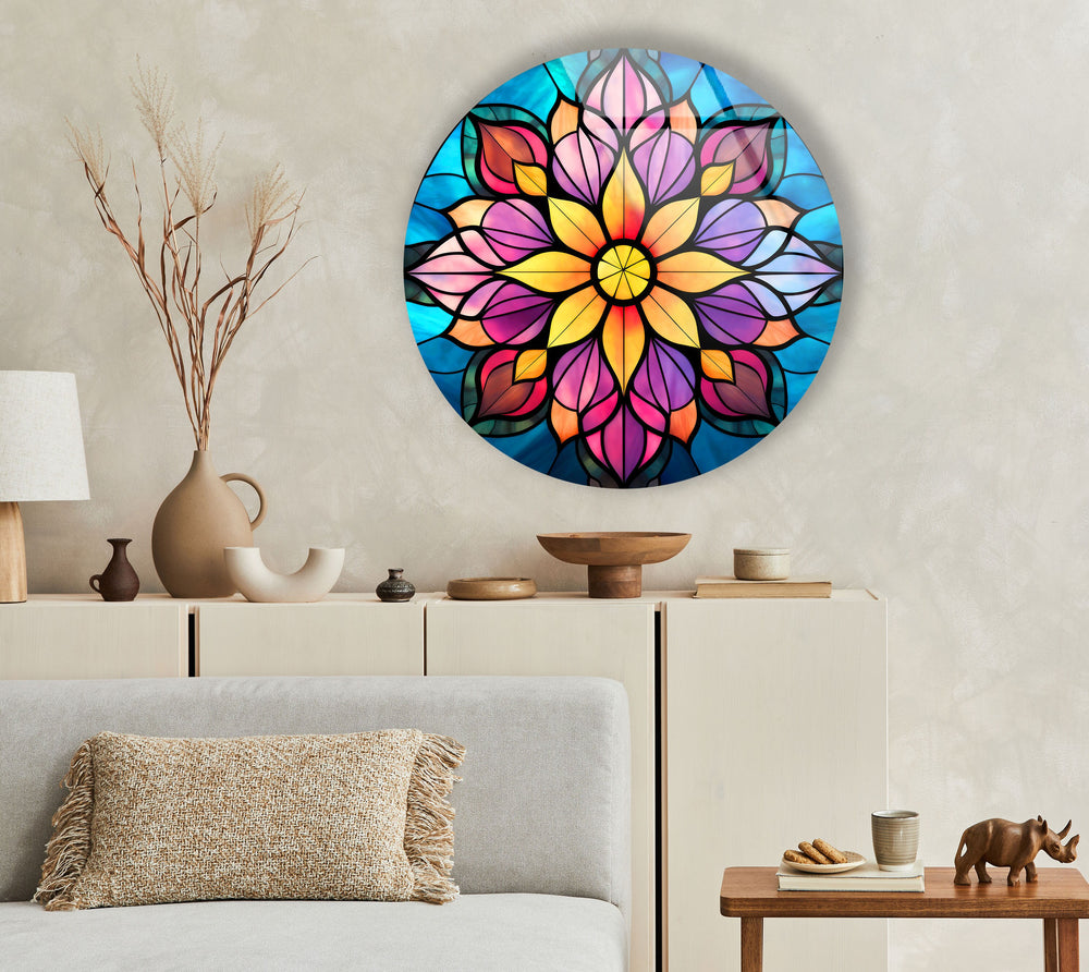 Stained Yellow & Purple Round Glass Wall Art glass wall decor, glass wall art decor
