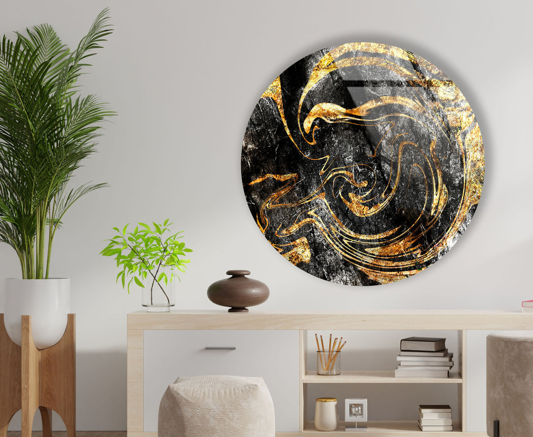 Golden Details Black Abstract Round Glass Wall Art custom glass pictures, glass art prints
