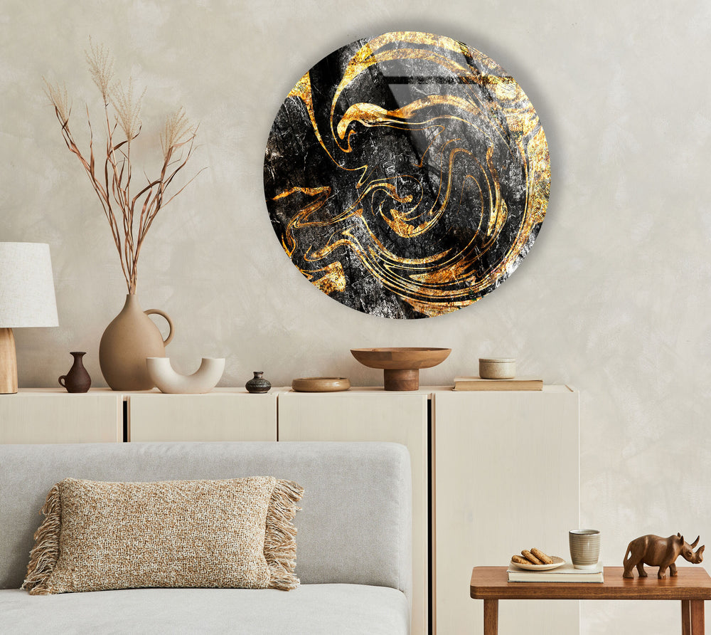 Golden Details Black Abstract Round Glass Wall Art glass wall decor, glass wall art decor
