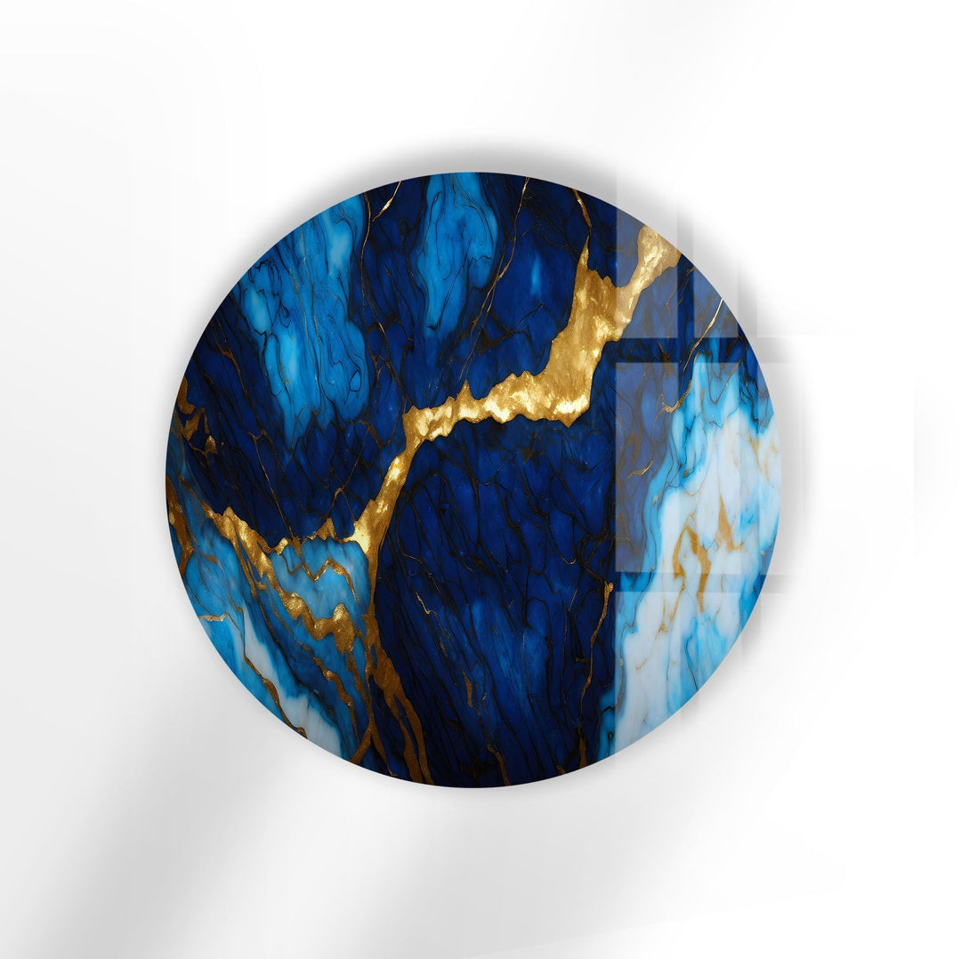 Dark Blue & Gold Marble Round Glass Wall Art picture on glass wall art, photos printed on glass
