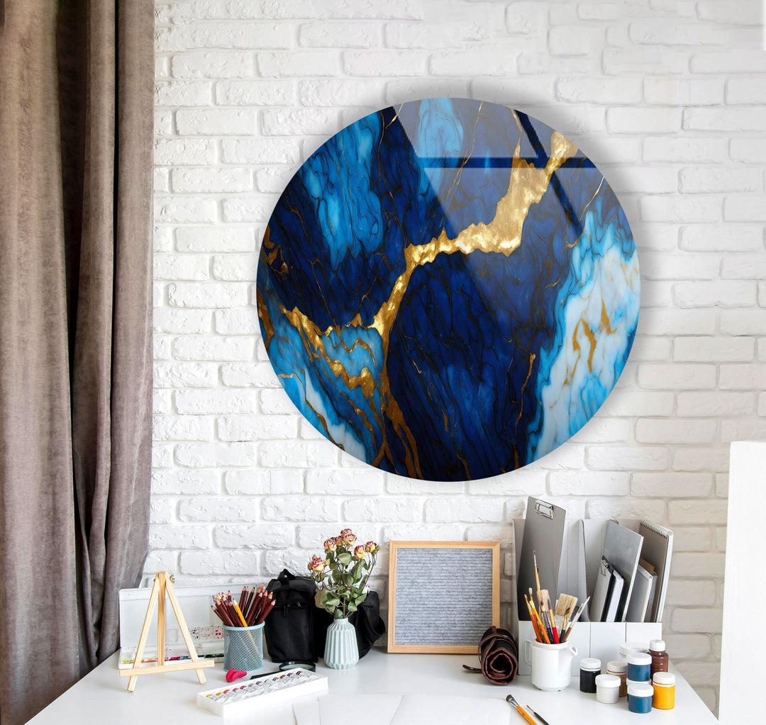 Dark Blue & Gold Marble Round Glass Wall Art glass wall decor, glass wall art decor
