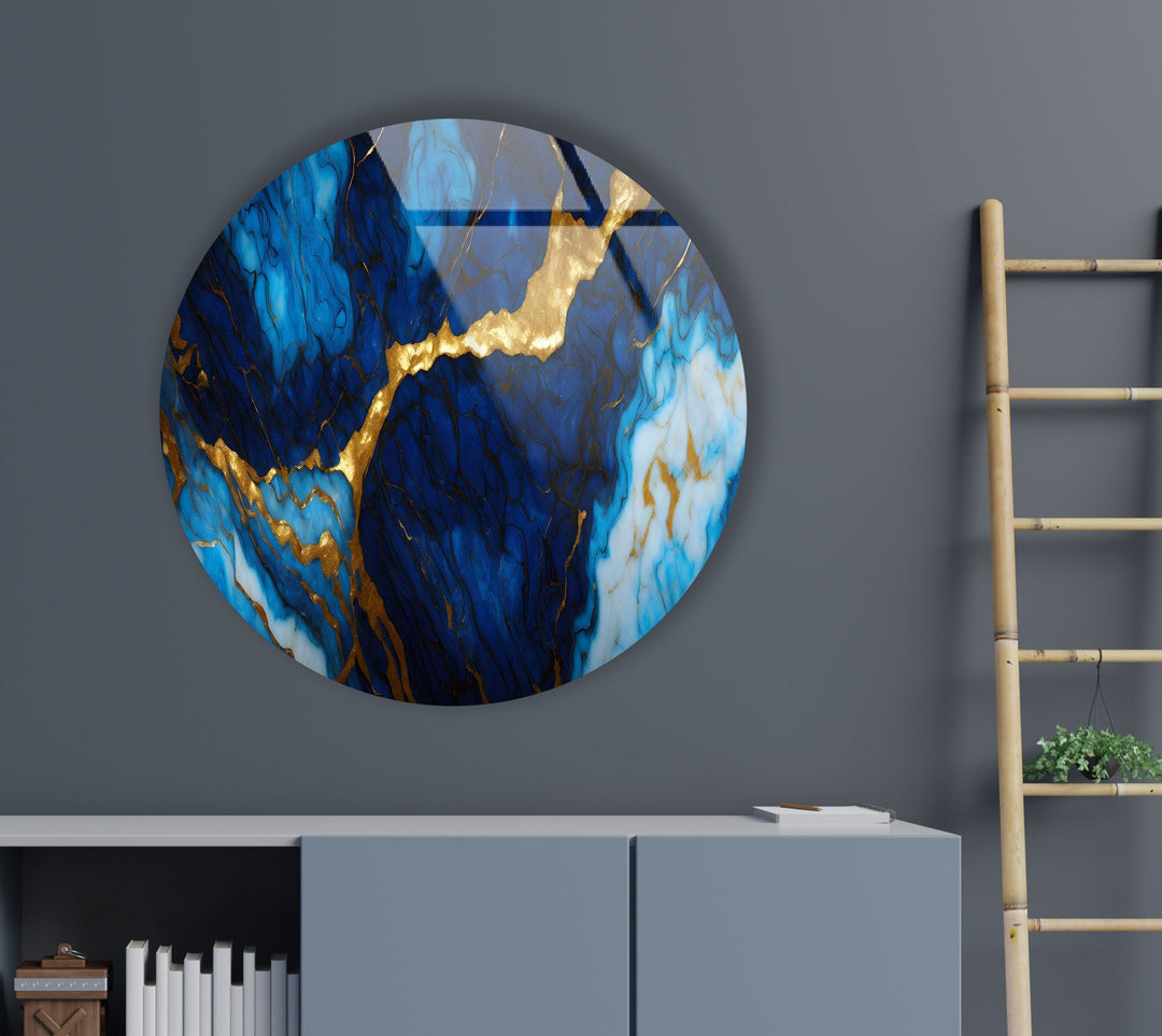 Dark Blue & Gold Marble Round Glass Wall Art glass art painting, glass art for the Wall
