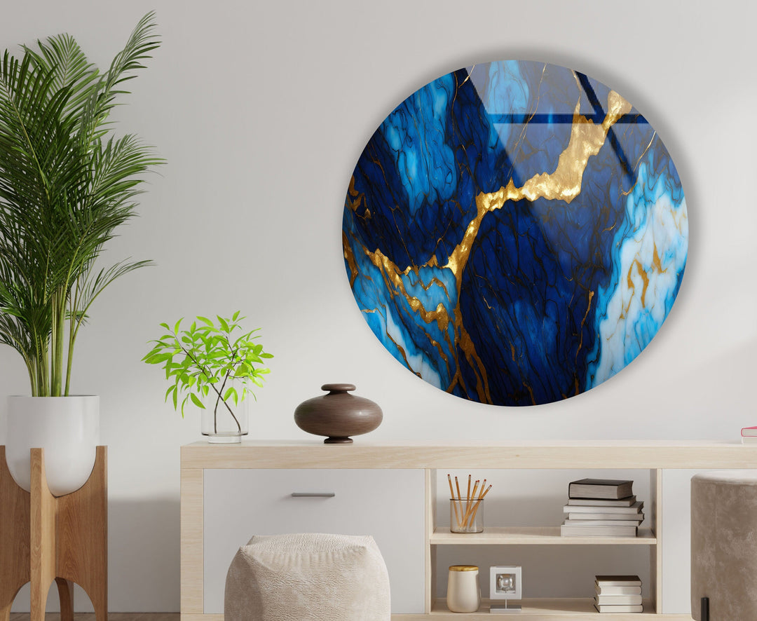 Dark Blue & Gold Marble Round Glass Wall Art art glass wall art, glass wall art pictures
