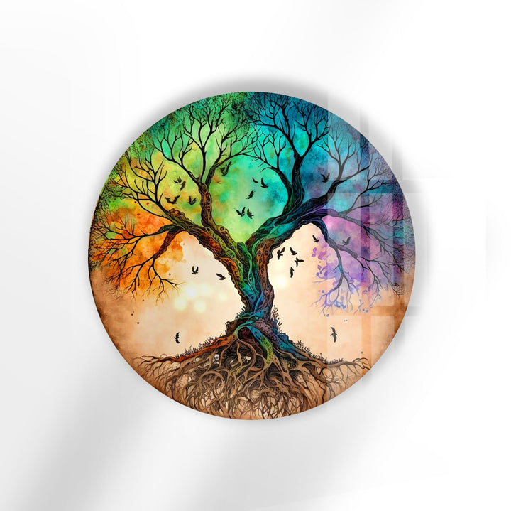 Colorful Life Of Tree Round Glass Wall Art glass art painting, glass art for the Wall
