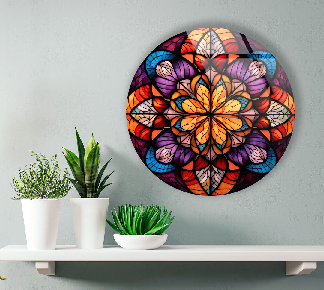 Mandala Pattern Stained Round Glass Wall Art stained glass wall art, stained glass wall decor
