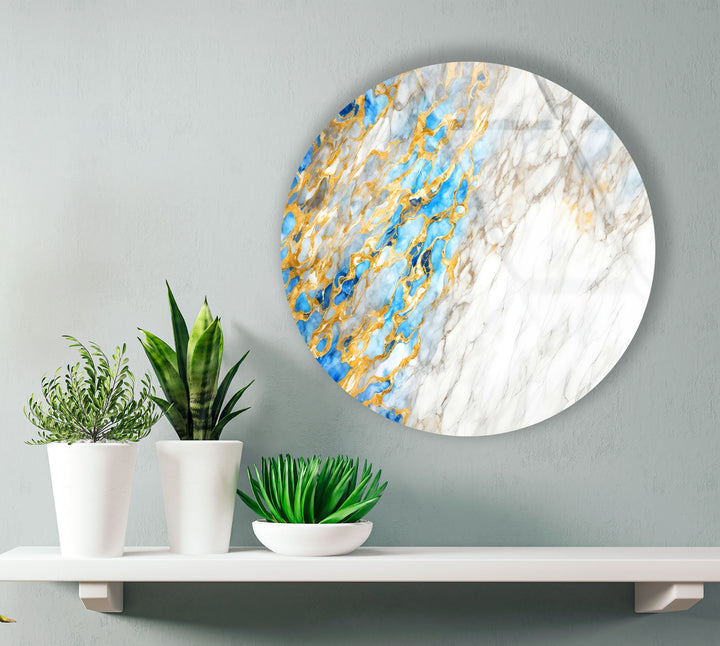 Golden & White Marble Round Glass Wall Art picture on glass wall art, photos printed on glass
