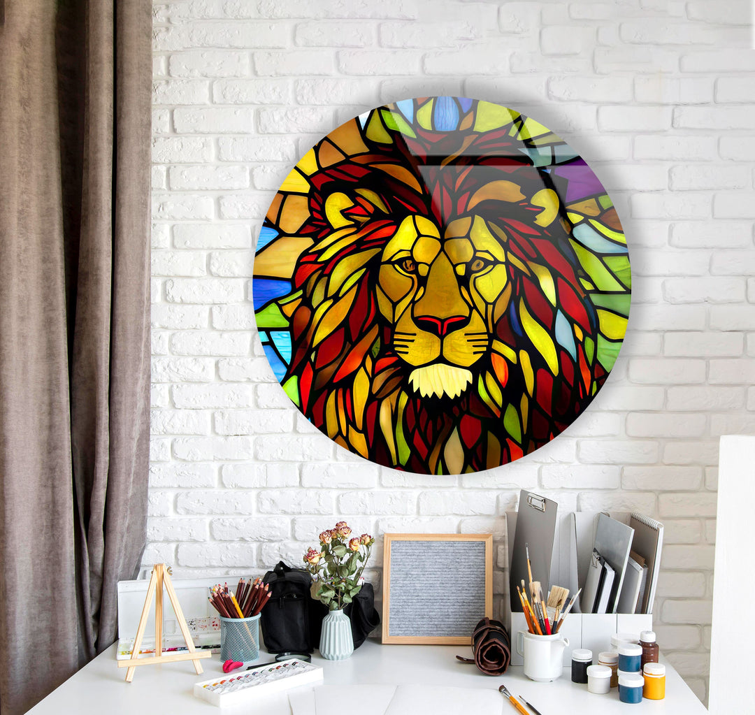 Stained Yellow Lion Round Glass Wall Art photo print on glass, prints on glass wall art
