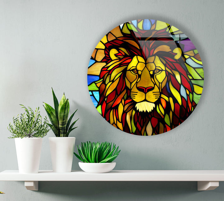 Stained Yellow Lion Round Glass Wall Art picture on glass wall art, photos printed on glass
