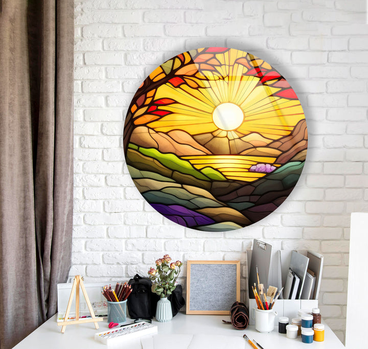 Sunrise Stained Round Glass Wall Art stained glass wall art, stained glass wall decor