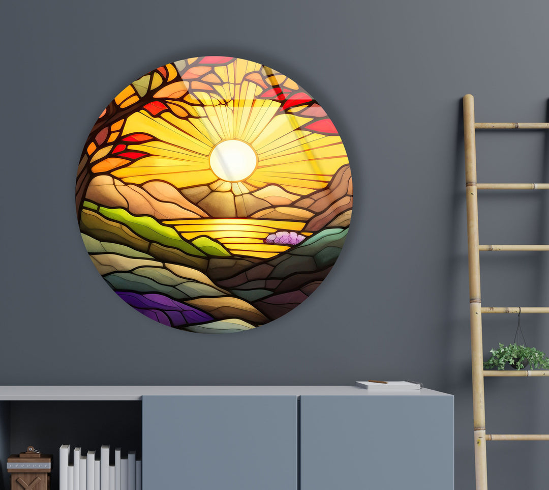 Sunrise Stained Round Glass Wall Art glass art painting, glass art for the Wall