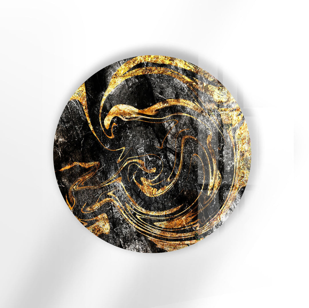 Golden Details Black Abstract Round Glass Wall Art stained glass wall art, stained glass wall decor
