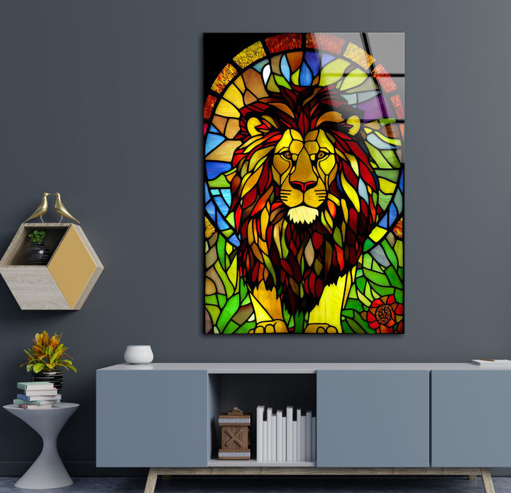 Stained Lion Glass Wall Art photo print on glass, prints on glass wall art