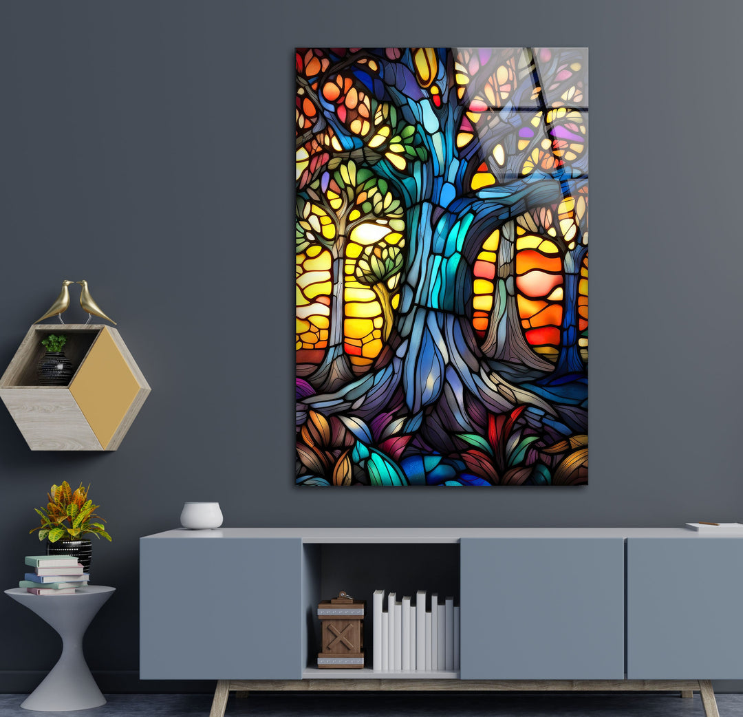 Stained Colored Tree Glass Wall Art print on glass, glass printed photos