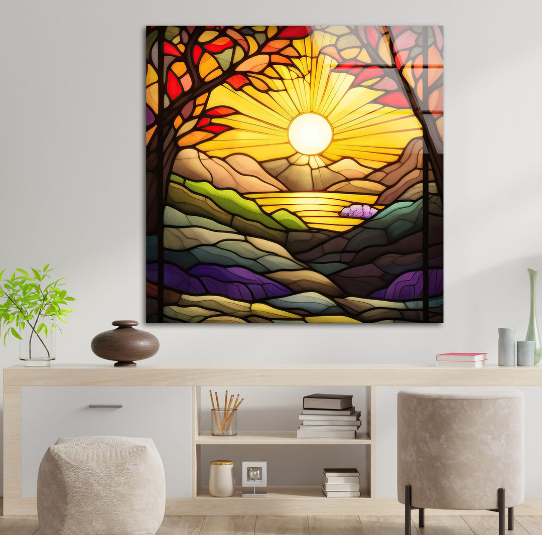 Stained Yellow Sunset Glass Wall Art large glass photo prints, glass wall photos