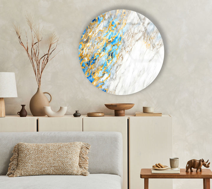 Golden & White Marble Round Glass Wall Art large glass photo prints, glass wall photos
