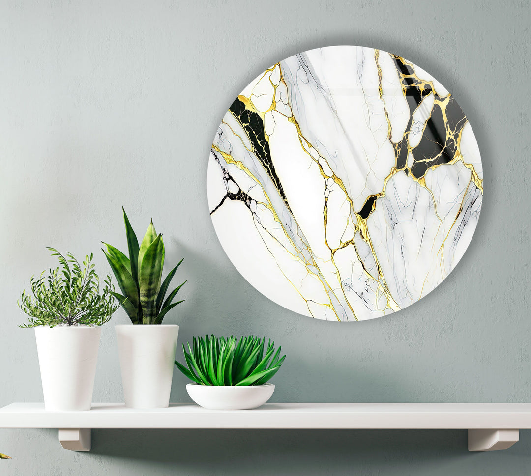 White & Gold Marble Round Glass Wall Art Glass Printing Wall Art, Print photos on glass
