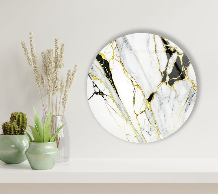 White & Gold Marble Round Glass Wall Art glass pictures for Wall, glass prints wall art
