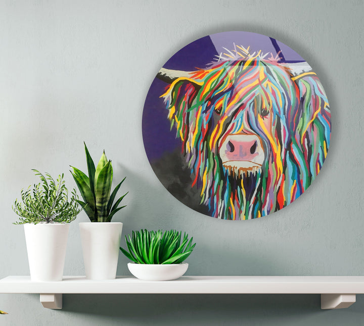 Cow Round Paint Glass Wall Art custom glass pictures, glass art prints
