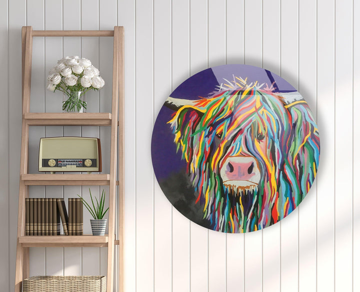 Cow Round Paint Glass Wall Art photo print on glass, prints on glass wall art
