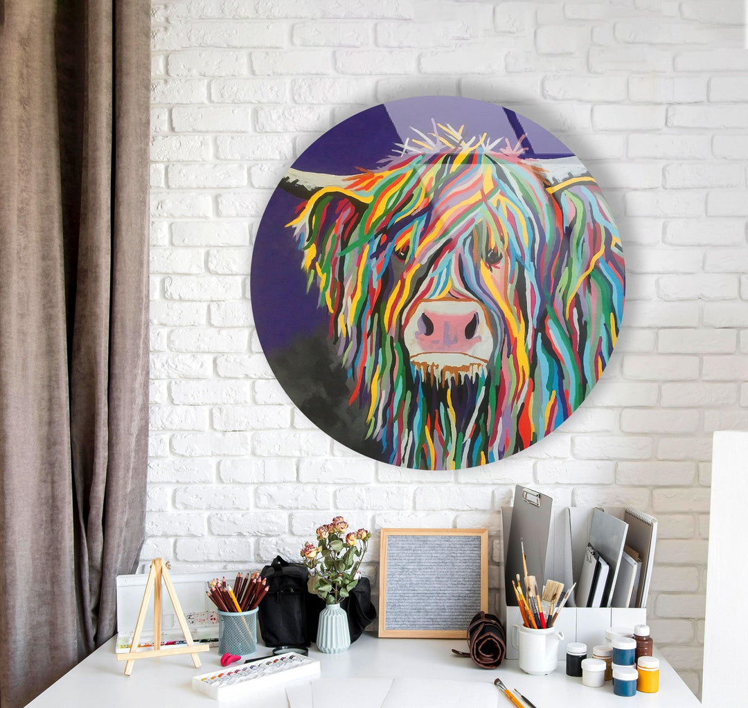 Cow Round Paint Glass Wall Art custom glass photo prints, large glass prints
