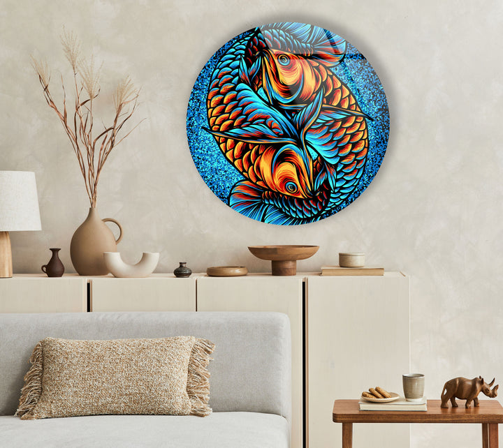 Orange Fishes Stained Round Glass Wall Art stained glass wall art, stained glass wall decor
