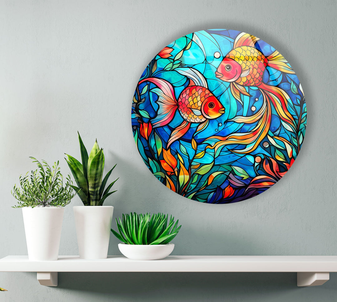 Stained Little Fishes Round Glass Wall Art glass wall decor, glass wall art decor
