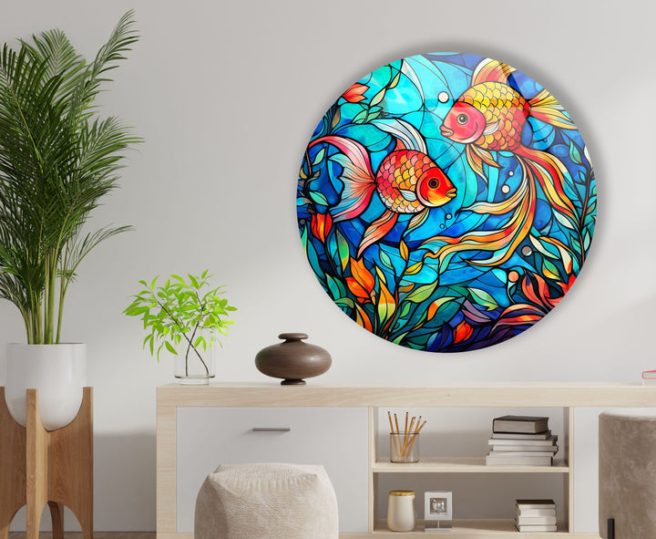 Stained Little Fishes Round Glass Wall Art Glass Printing Wall Art, Print photos on glass
