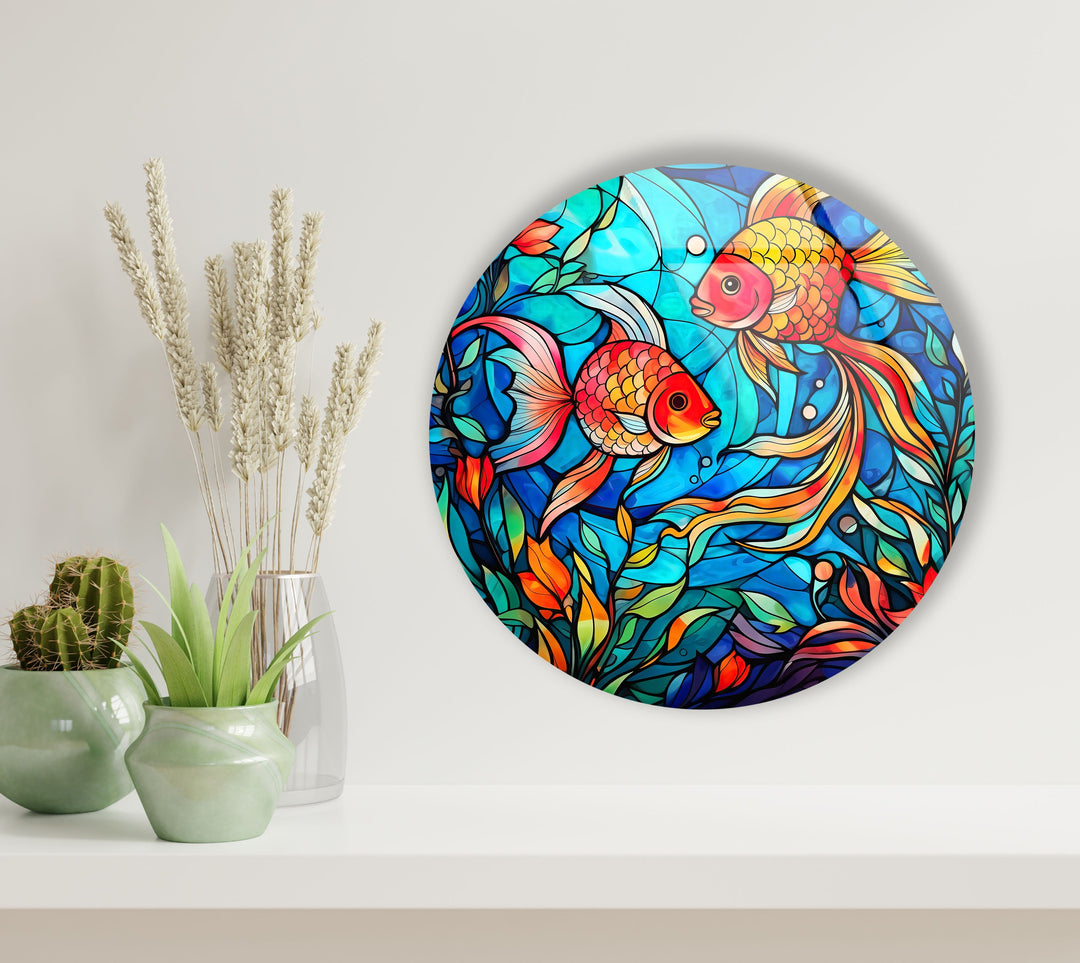 Stained Little Fishes Round Glass Wall Art glass image printing, glass prints from photos
