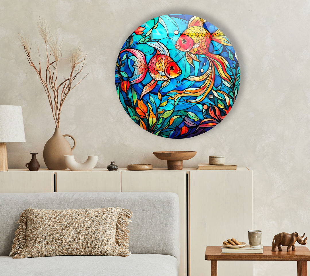 Stained Little Fishes Round Glass Wall Art custom glass pictures, glass art prints
