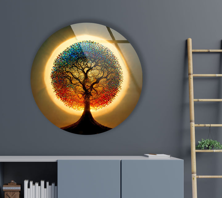 Life of Tree Round Glass Wall Art print on glass, glass printed photos