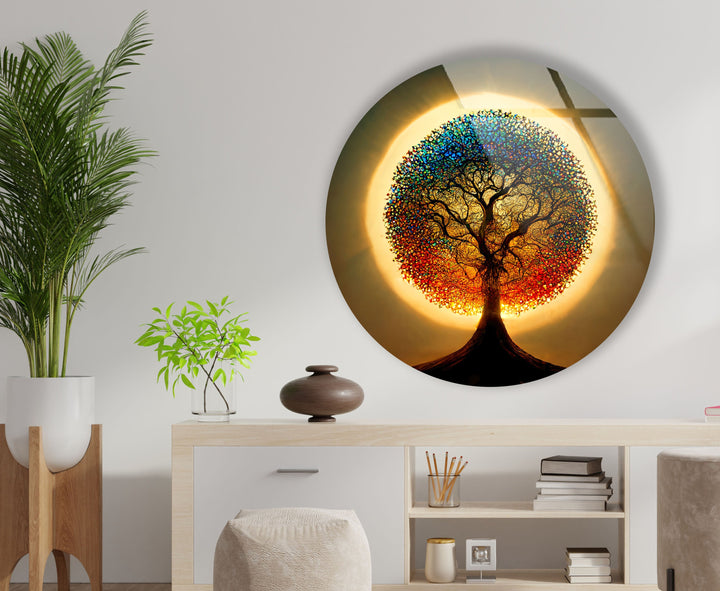 Life of Tree Round Glass Wall Art print picture on glass, Tempered Glass Wall Art