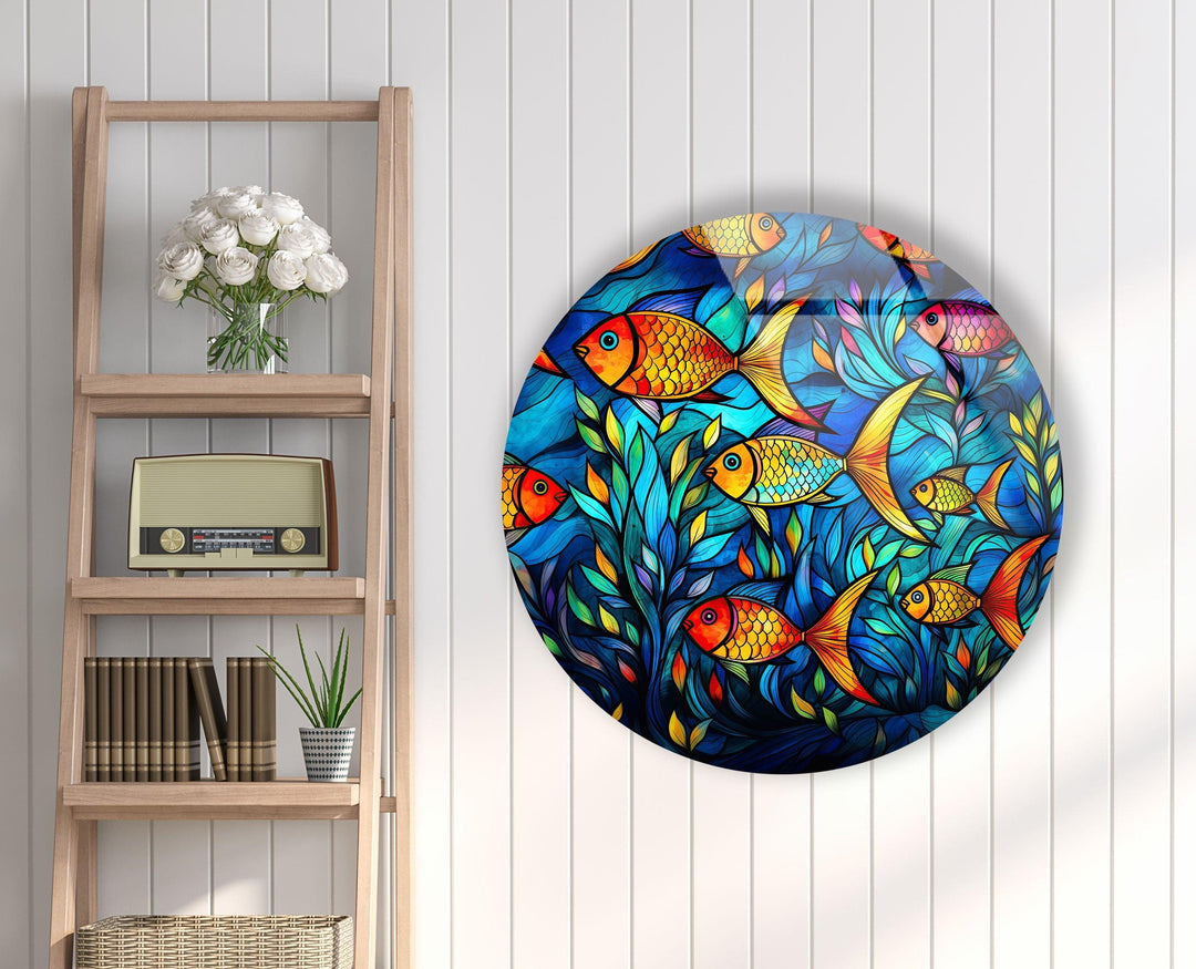 Stained Fish Paint Round Glass Wall Art custom glass pictures, glass art prints
