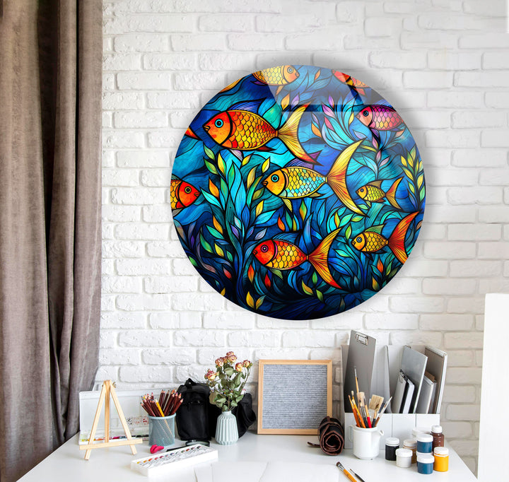 Stained Fish Paint Round Glass Wall Art custom glass photo prints, large glass prints
