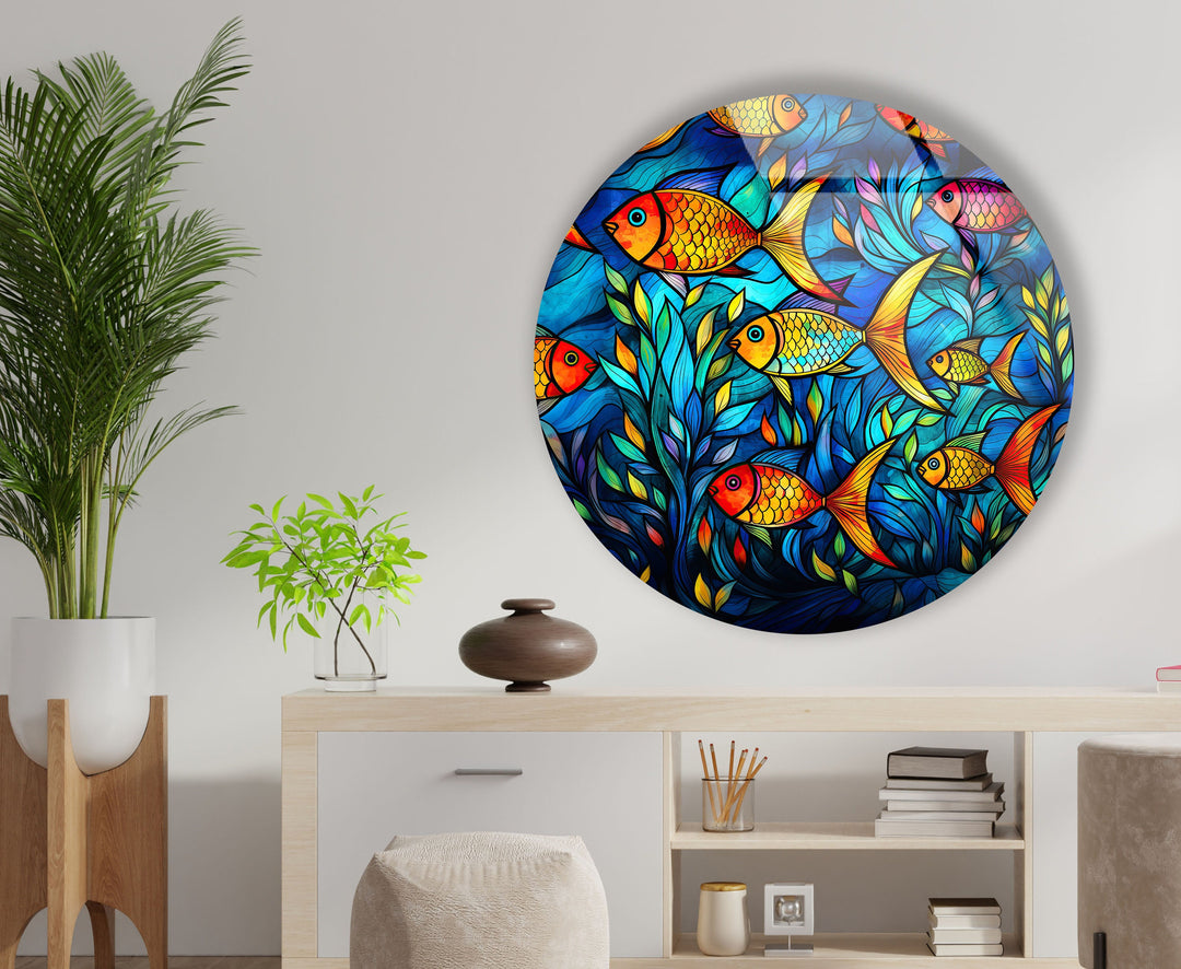 Stained Fish Paint Round Glass Wall Art print on glass, glass printed photos
