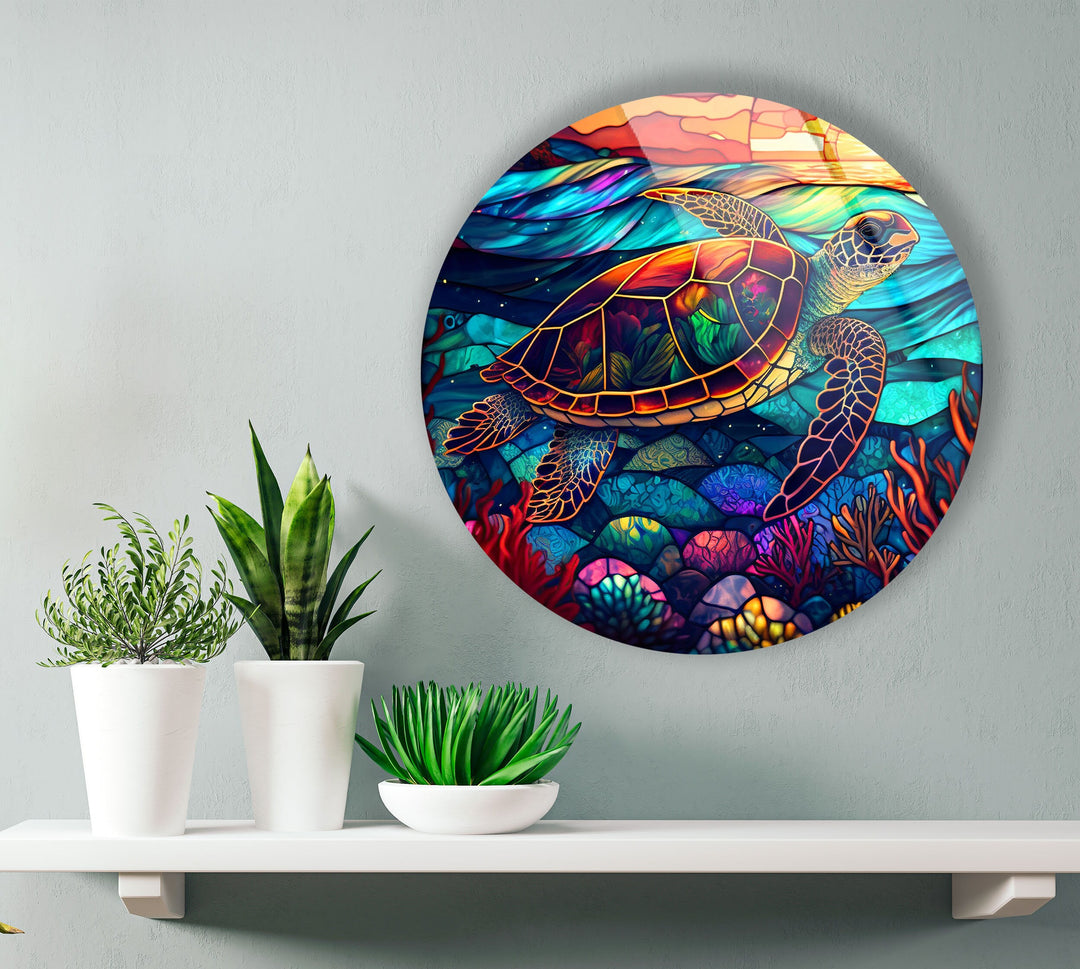 Sea Turtle Colored Round Glass Wall Art large glass photo prints, glass wall photos
